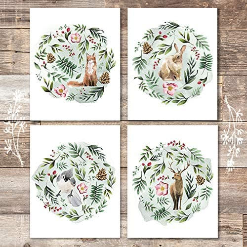 Woodland Animals Floral Watercolor (Set of 4) - Unframed - 8x10s - Dream Big Printables