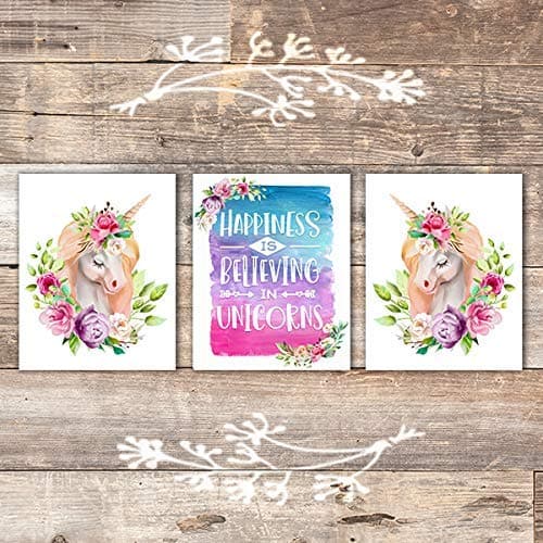 Happiness Is Believing In Unicorns Art Prints (Set of 3) - Unframed - 8x10s - Dream Big Printables