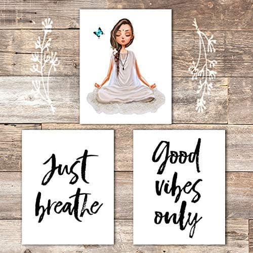 Just Breathe Yoga Wall Art Prints (Set of 3) - Unframed - 8x10 | Good Vibes Only - Dream Big Printables