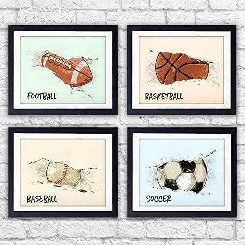 Sports Boys Wall Art Prints (Set of 4) - Unframed - 8x10s | Football, Basketball, Soccer Ball, Baseball - Dream Big Printables