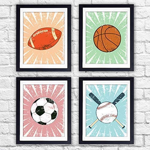 Sports Wall Art Decor Prints (Set of 4) - Unframed - 8x10s | Football, Basketball, Soccer Ball, Baseball - Dream Big Printables